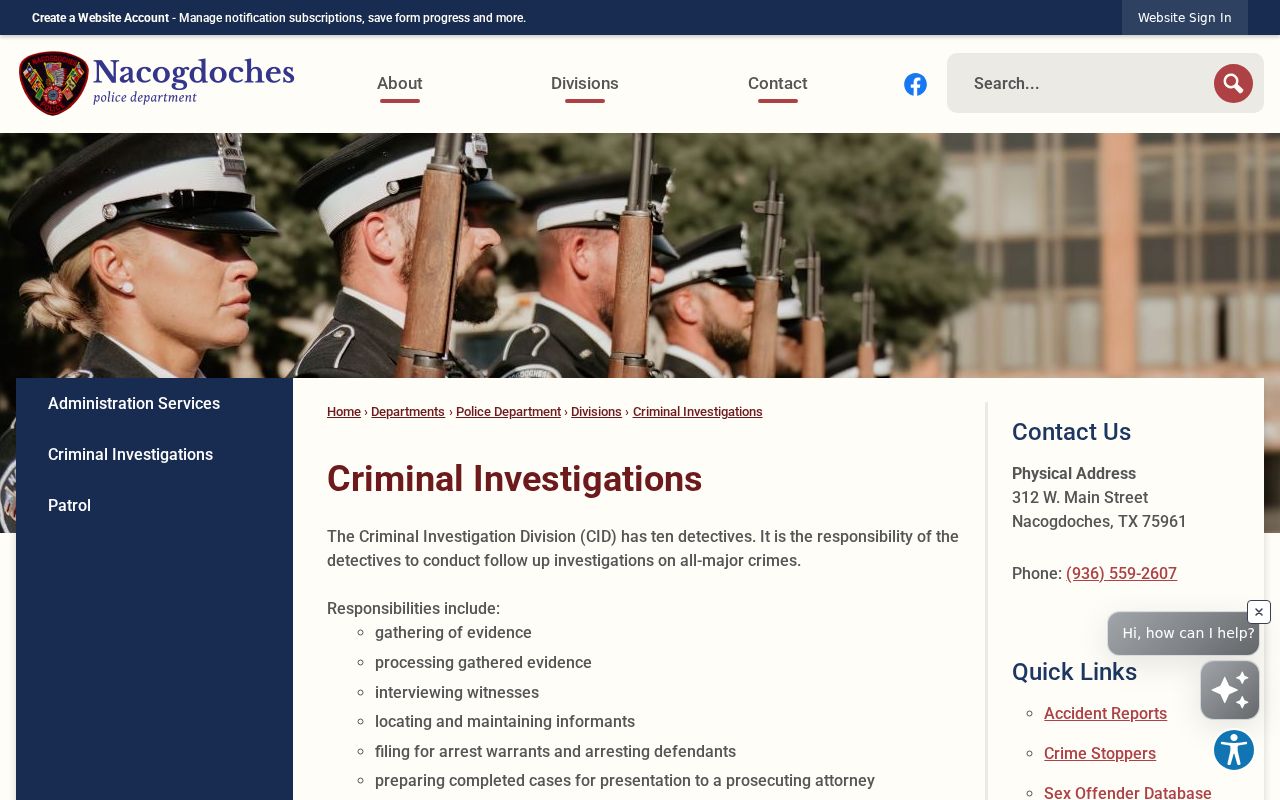 Nacogdoches County arrest warrant records research showing the Nacogdoches Police Criminal Investigations page