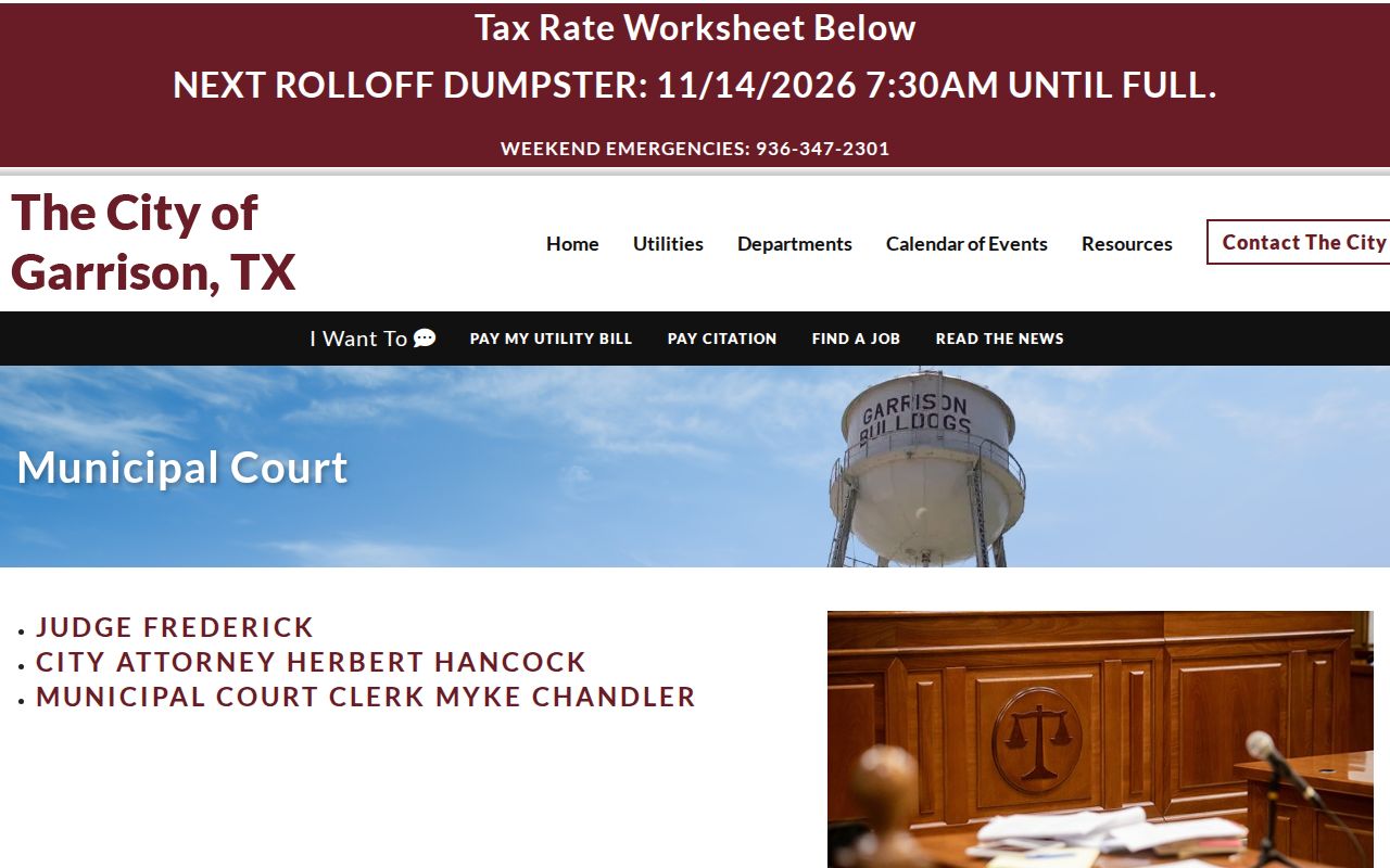 Nacogdoches County municipal court warrant information showing Garrison Municipal Court contact details