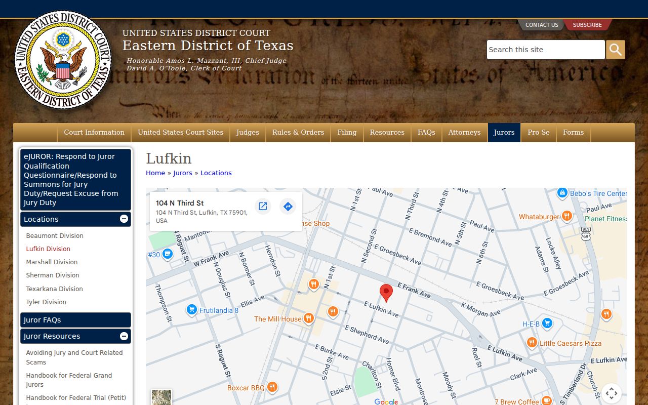 Nacogdoches County arrest warrant records research showing the Eastern District of Texas Lufkin courthouse information
